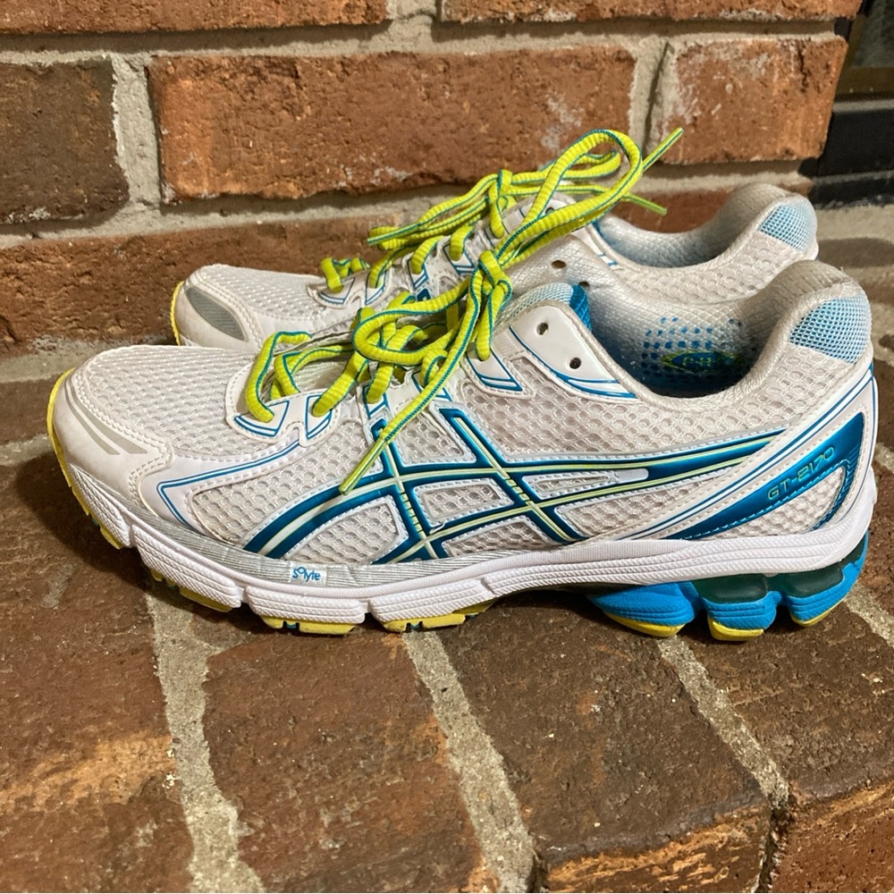 Asics White and Blue Sneakers with Neon Accents